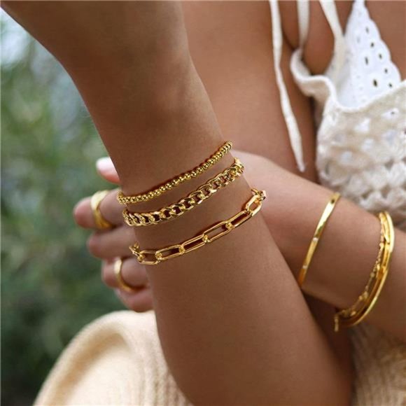 Gold Chain Bracelet Sets Women 14K Gold Plated Dainty Link Paperclip Bracelets - Picture 3 of 6